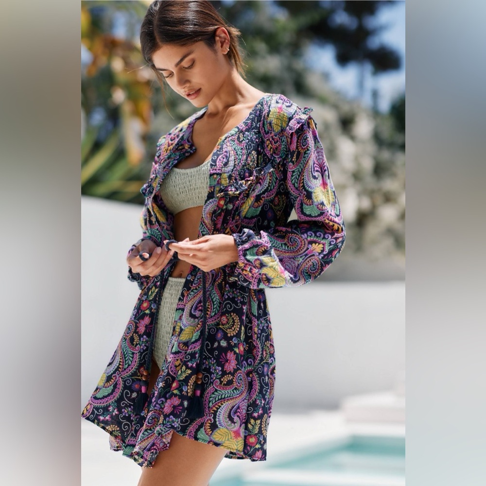 Anthropologie Tunisian Black Floral Smocked Cover-Up Tunic Mini Shirtdress